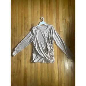 Womens Tan Long Sleeve Wrap Front Ruched Top Size Medium Crew Neck Casual Blouse